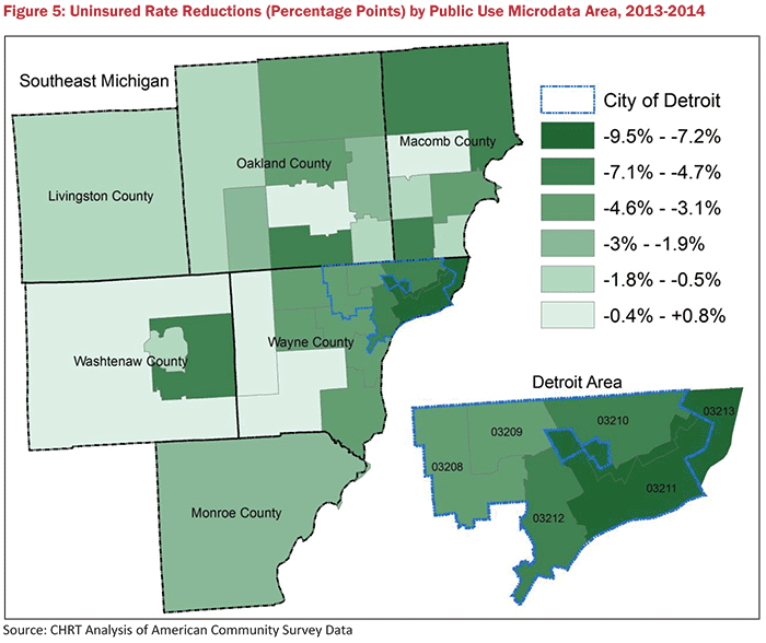 Figure 5: Uninsured Rate Reductions (Percentage Points) by Public Use Microdata Area, 2013-2014